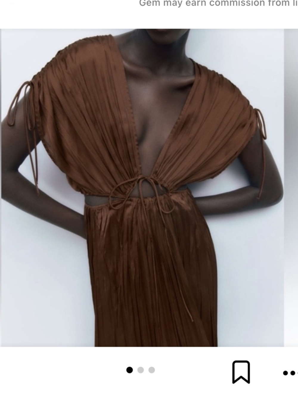 Zara Brown Satin-Effect Cut-Out Pleated Maxi Dress